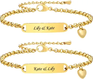 Personalized BFF Bracelets for 2-Customize Initial Nameplate Stainless Steel Bar ID Heart Charm Adjustable Rolo Chain Bracelet for Sisters,BFF Friendship Jewelry,Bridesmaid Gift