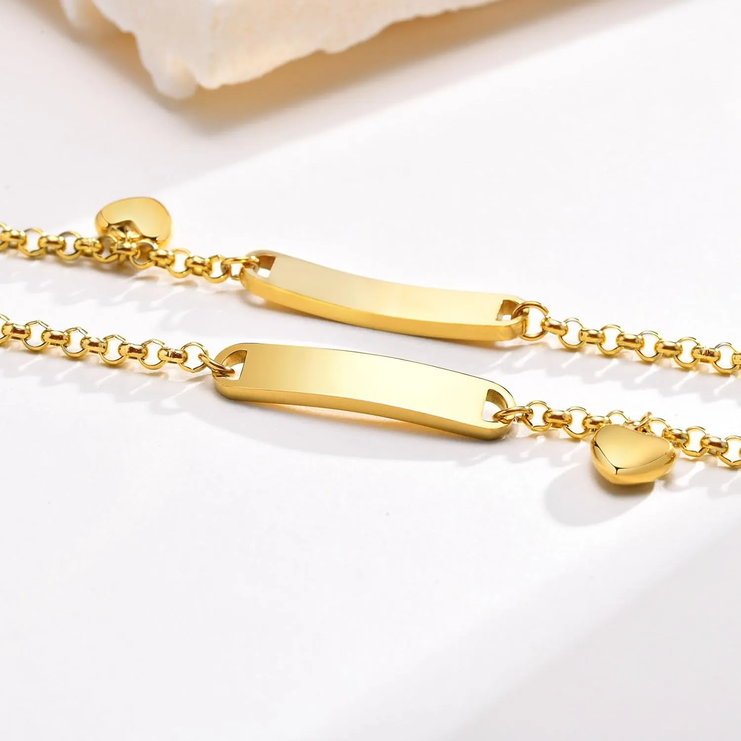 Personalized BFF Bracelets for 2-Customize Initial Nameplate Stainless Steel Bar ID Heart Charm Adjustable Rolo Chain Bracelet for Sisters,BFF Friendship Jewelry,Bridesmaid Gift