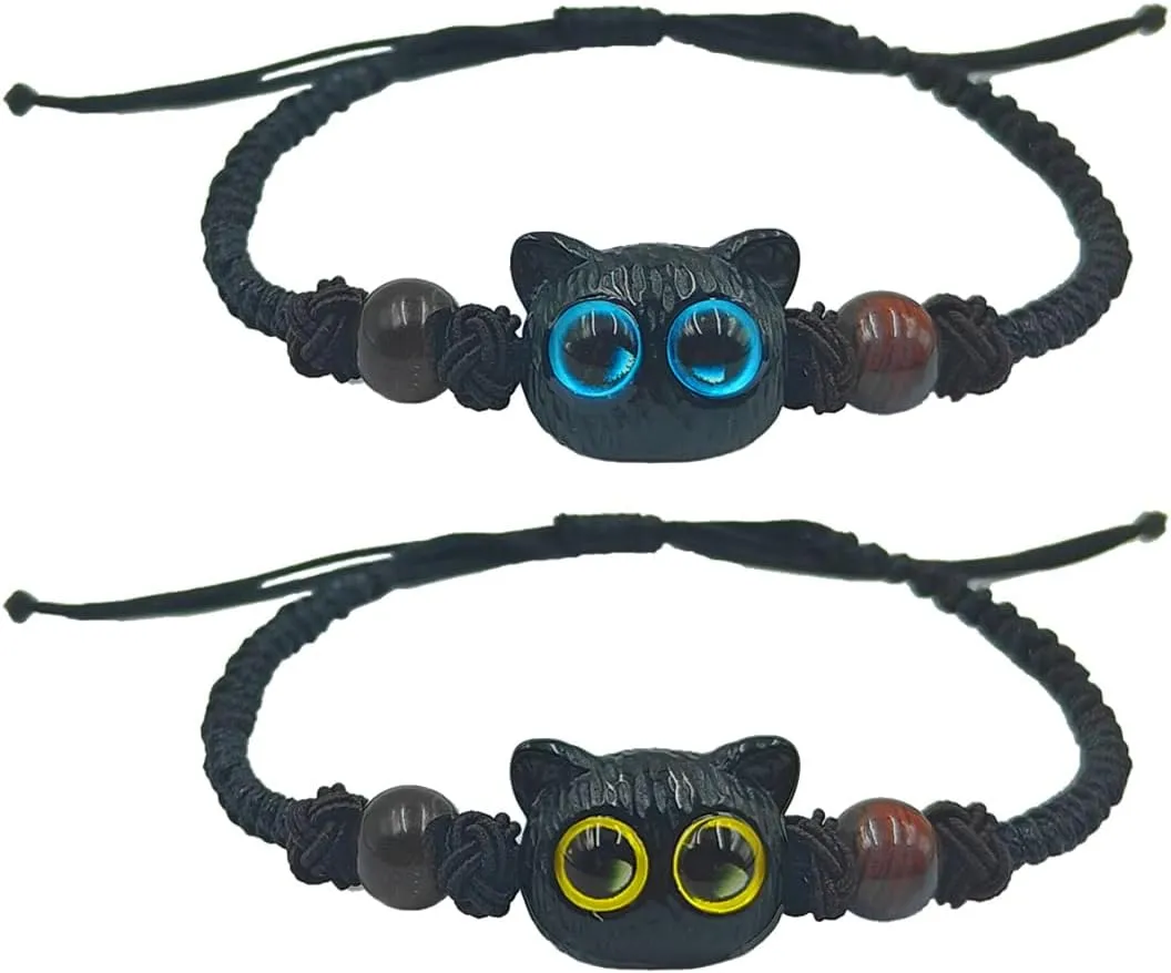 Personalized Braided Couples Bracelet Cute Moonstone Cat Bracelets Handmade Adjustable Braided Rope Couple Promise Bracelet Friendship Bracelet Jewelry Gift for Him and Her