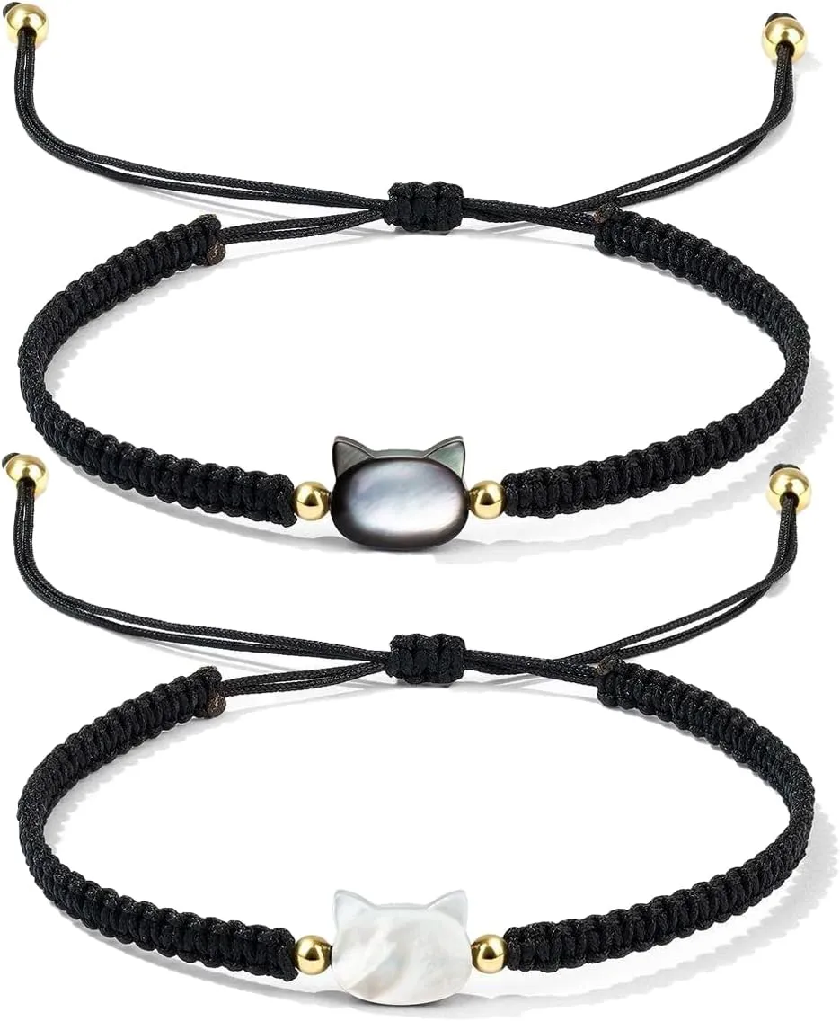 Personalized Braided Couples Bracelet Cute Shell Cat Bracelets Handmade Adjustable Braided Rope Couple Promise Bracelet Friendship Bracelet Jewelry Gifts for Him and Her