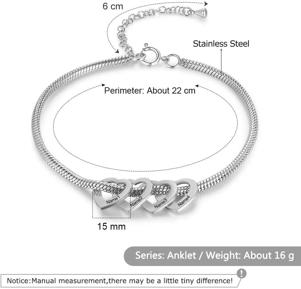 Personalized Charms Anklet for Women Inspirational Heart Anklet, Engraved 1-8 Names Anklet Bracelet, Adjustable Anklet for Mom Grandma
