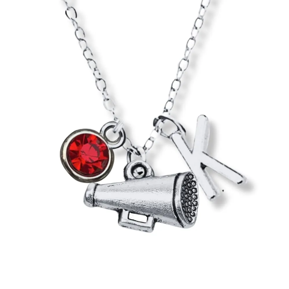 Personalized Cheer Megaphone Necklace with Initial & Birthstone Charm, Girls Cheerleading Jewelry, Gift For Cheerleaders