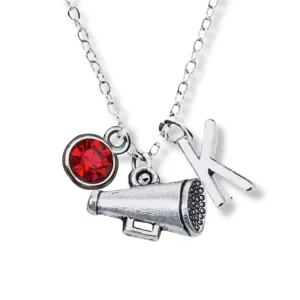 Personalized Cheer Megaphone Necklace with Initial & Birthstone Charm, Girls Cheerleading Jewelry, Gift For Cheerleaders