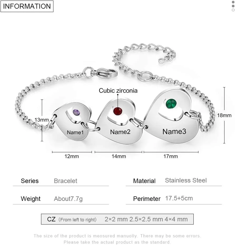 Personalized Custom Name Heart Bracelet with 1-6 Birthstones Love Bracelet for Women Engraved Names Link Bracelets for Mother's Day Mom