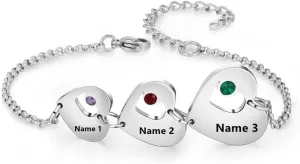 Personalized Custom Name Heart Bracelet with 1-6 Birthstones Love Bracelet for Women Engraved Names Link Bracelets for Mother's Day Mom