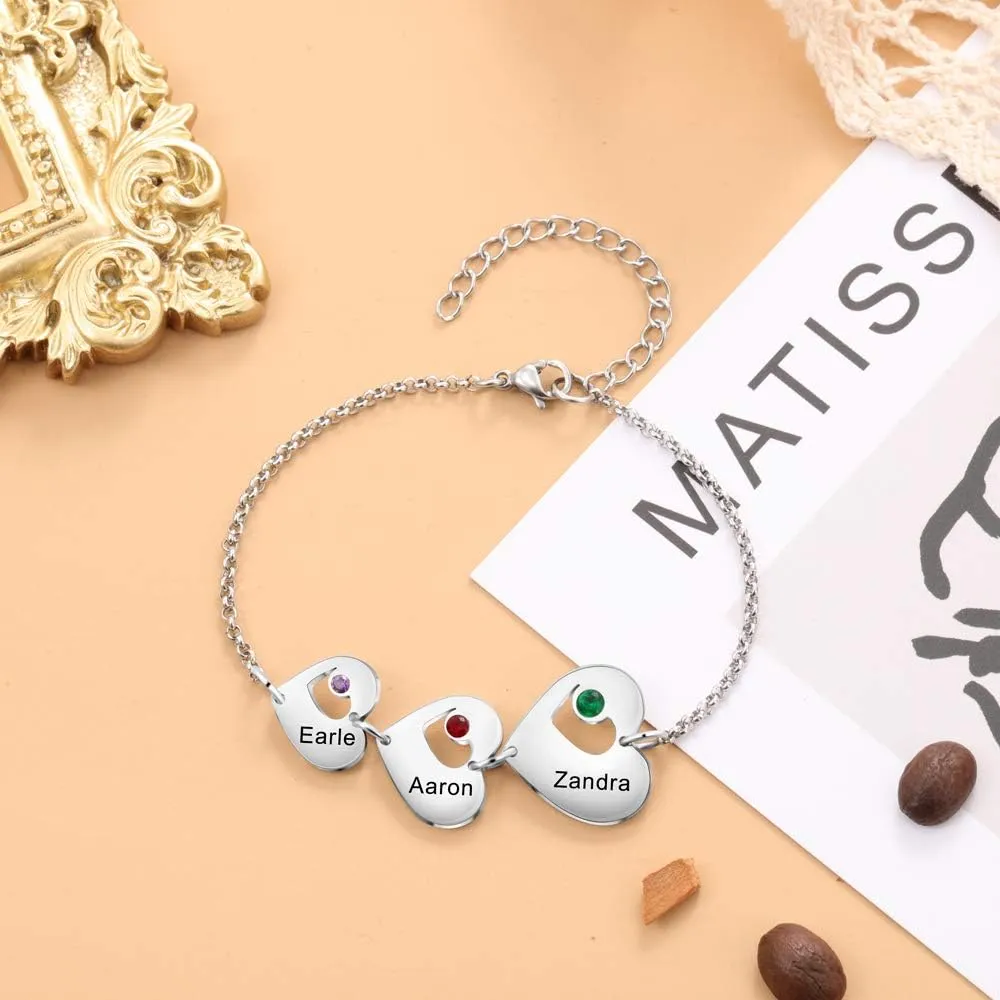 Personalized Custom Name Heart Bracelet with 1-6 Birthstones Love Bracelet for Women Engraved Names Link Bracelets for Mother's Day Mom