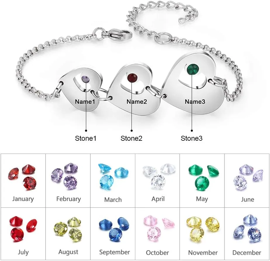 Personalized Custom Name Heart Bracelet with 1-6 Birthstones Love Bracelet for Women Engraved Names Link Bracelets for Mother's Day Mom