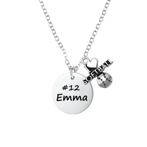 Personalized Engraved Softball Necklace with Name & Number, Custom Softball Gift, Softball Pendent Jewelry, Softball Players & Team Gifts