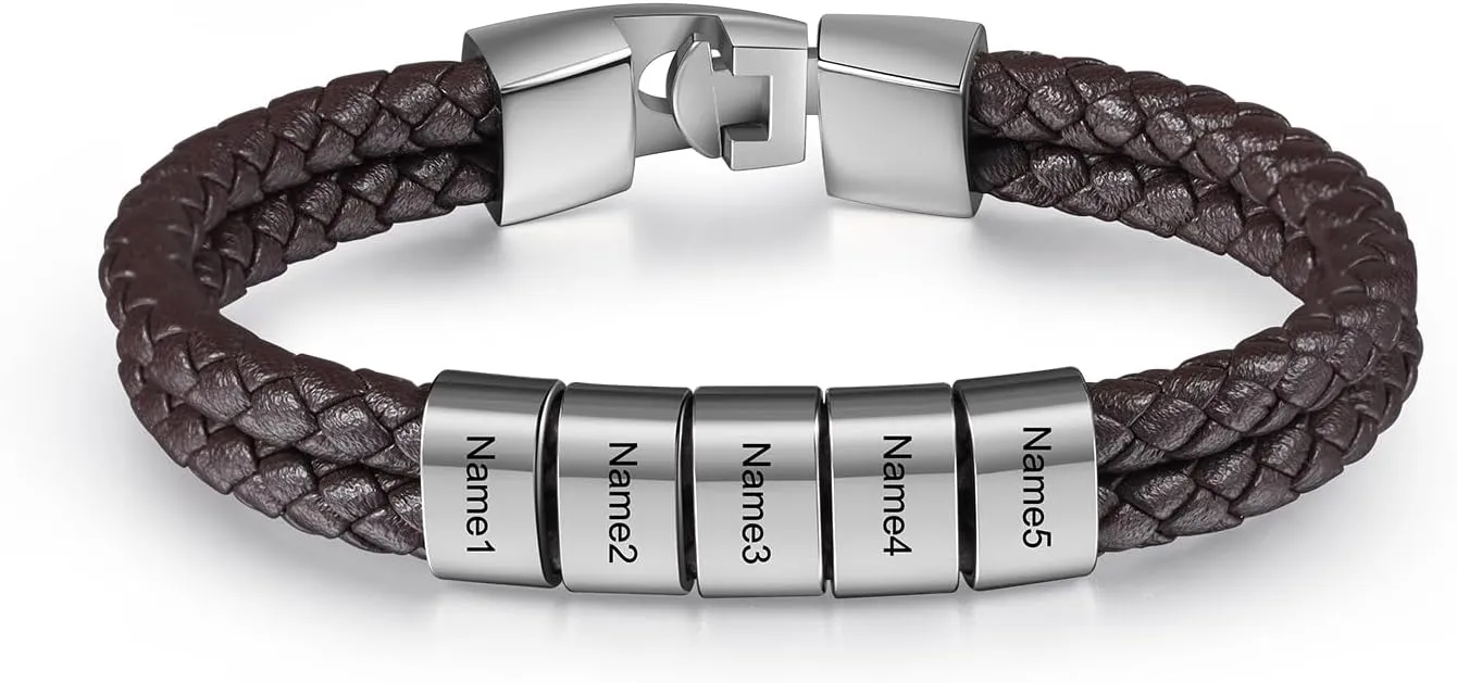 Personalized Fathers Bracelet with Names Custom Name Engraved Mens Braided Leather Bracelets for Men Christmas Birthday Gifts for Dad Husband Grandpa Boyfriend
