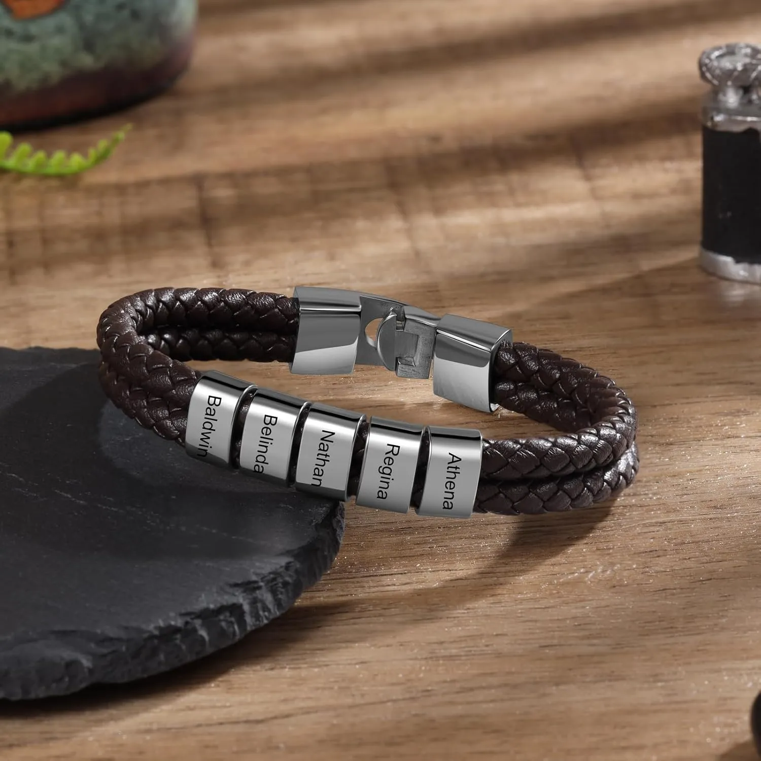 Personalized Fathers Bracelet with Names Custom Name Engraved Mens Braided Leather Bracelets for Men Christmas Birthday Gifts for Dad Husband Grandpa Boyfriend