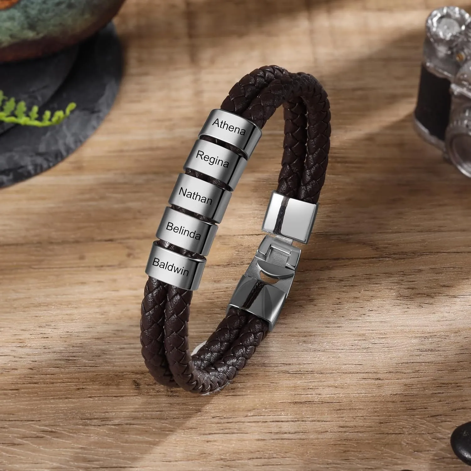 Personalized Fathers Bracelet with Names Custom Name Engraved Mens Braided Leather Bracelets for Men Christmas Birthday Gifts for Dad Husband Grandpa Boyfriend