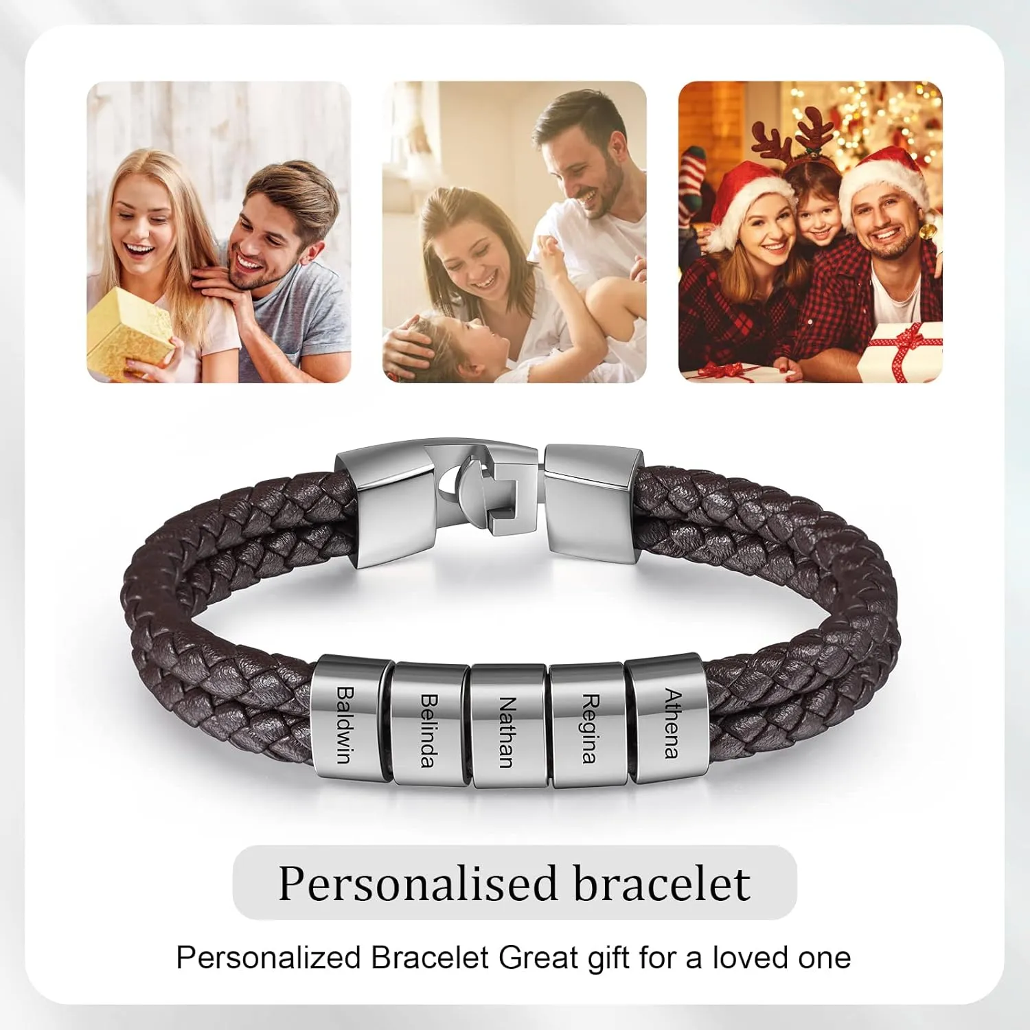 Personalized Fathers Bracelet with Names Custom Name Engraved Mens Braided Leather Bracelets for Men Christmas Birthday Gifts for Dad Husband Grandpa Boyfriend