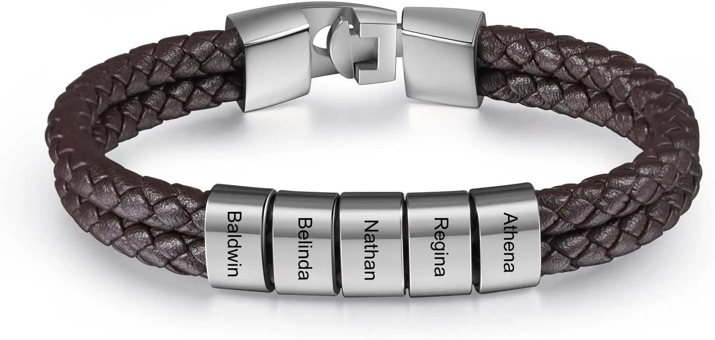 Personalized Fathers Bracelet with Names Custom Name Engraved Mens Braided Leather Bracelets for Men Christmas Birthday Gifts for Dad Husband Grandpa Boyfriend