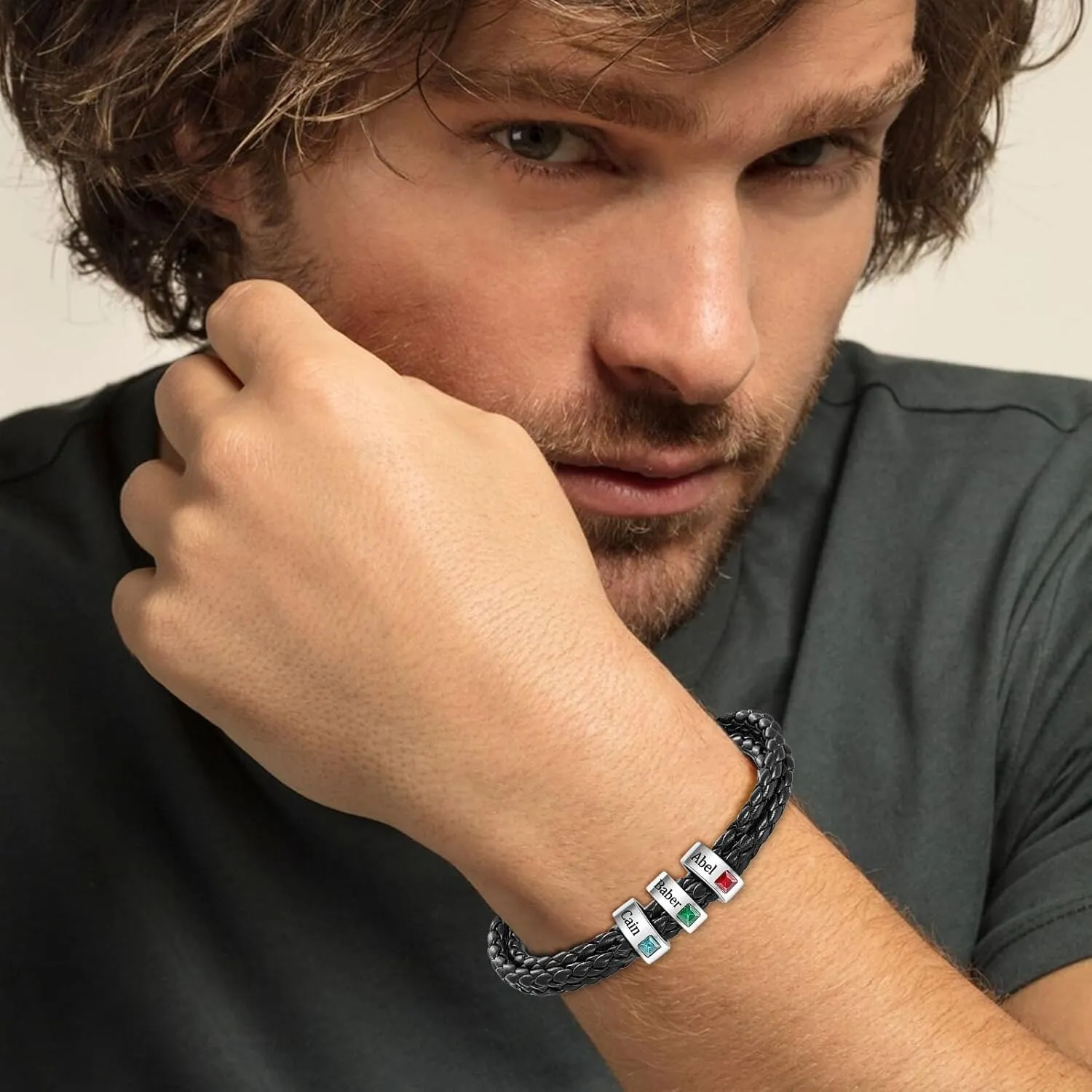 Personalized Father's Day Mens Bracelet Customs Men Leather Bracelet with 1-8 Names Beads, Customized Birthstone Bracelets Gifts Dad Husband Boyfriend