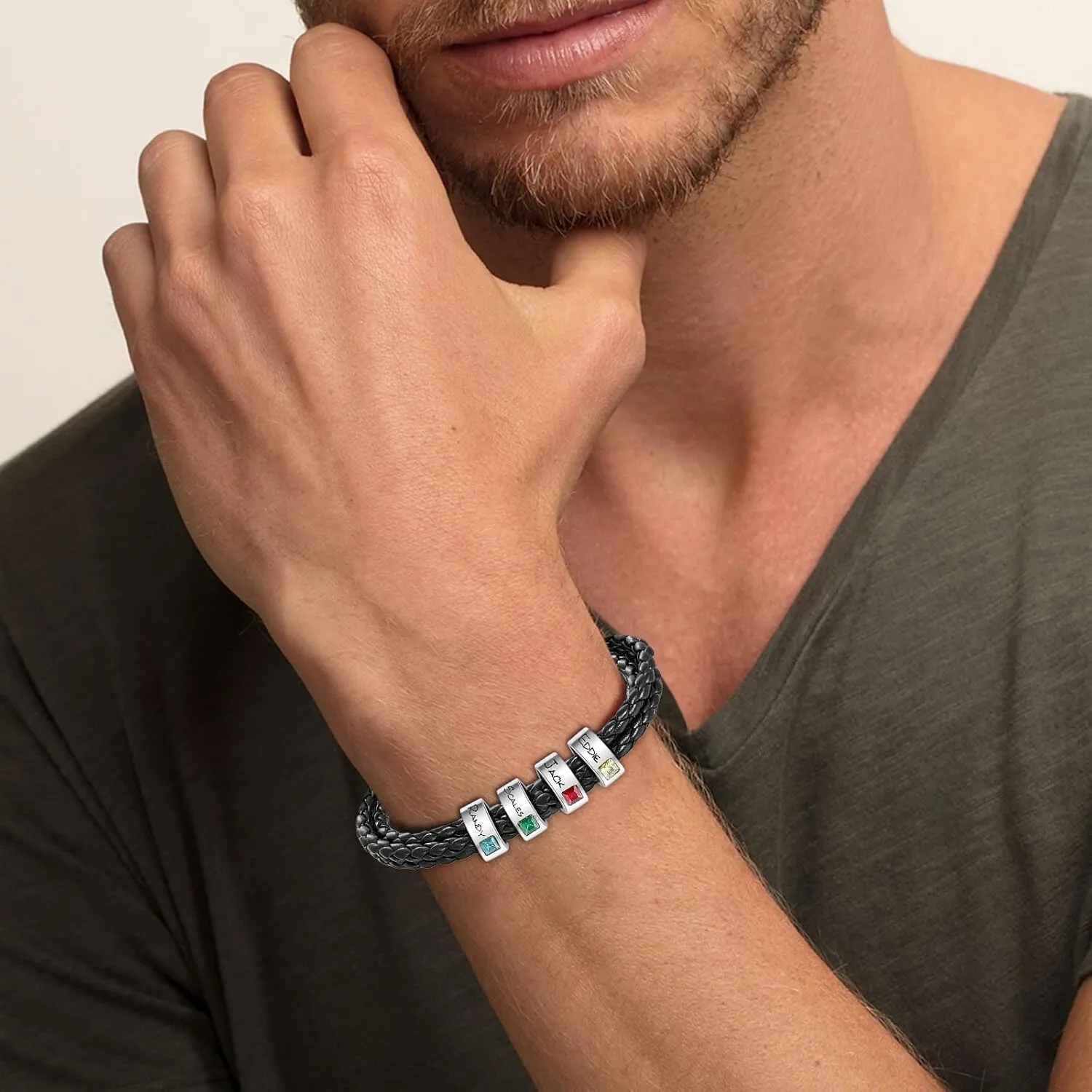 Personalized Father's Day Mens Bracelet Customs Men Leather Bracelet with 1-8 Names Beads, Customized Birthstone Bracelets Gifts Dad Husband Boyfriend