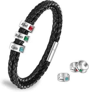 Personalized Father's Day Mens Bracelet Customs Men Leather Bracelet with 1-8 Names Beads, Customized Birthstone Bracelets Gifts Dad Husband Boyfriend