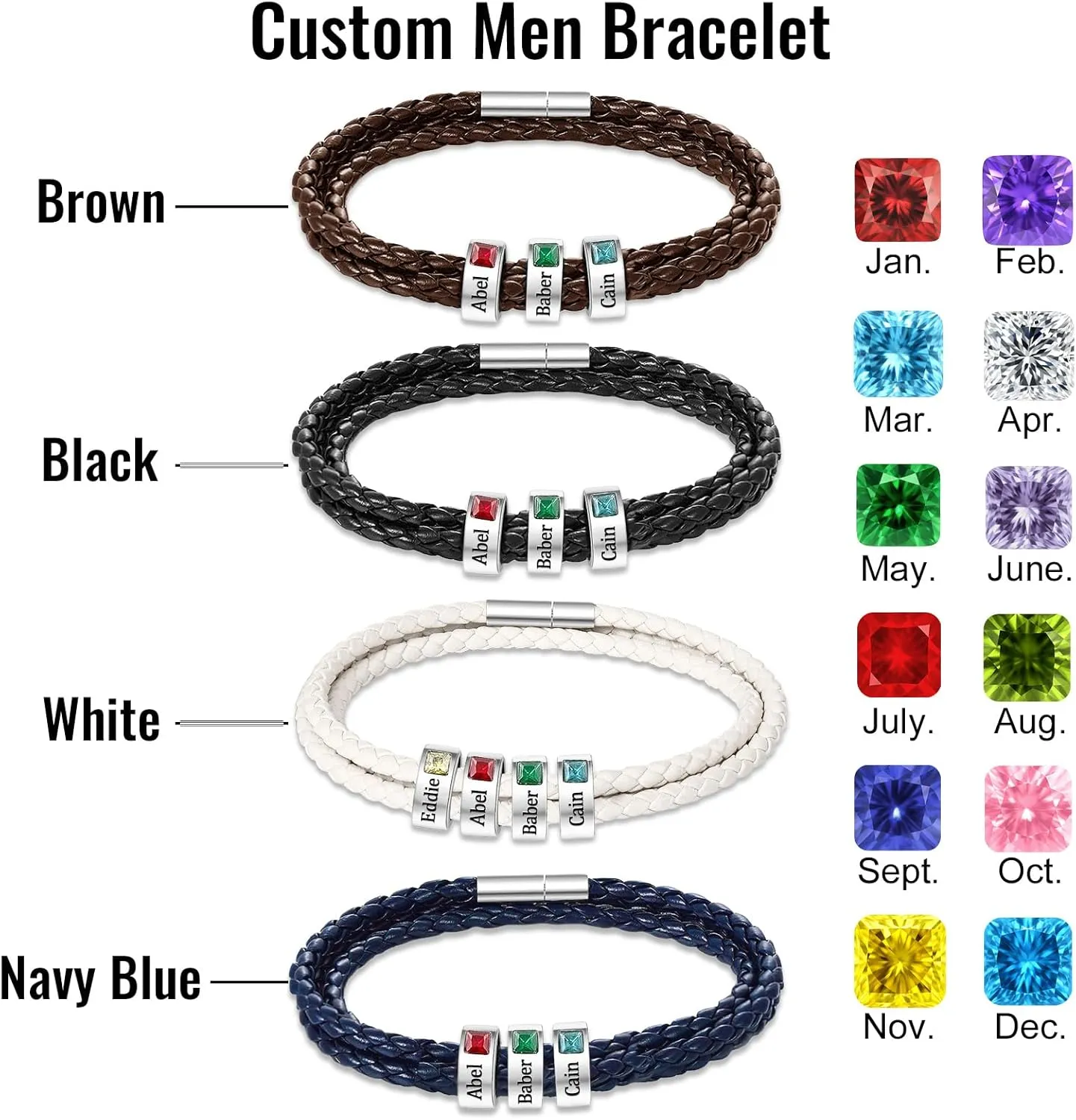 Personalized Father's Day Mens Bracelet Customs Men Leather Bracelet with 1-8 Names Beads, Customized Birthstone Bracelets Gifts Dad Husband Boyfriend