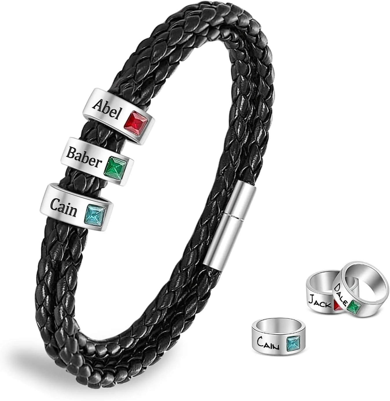 Personalized Father's Day Mens Bracelet Customs Men Leather Bracelet with 1-8 Names Beads, Customized Birthstone Bracelets Gifts Dad Husband Boyfriend