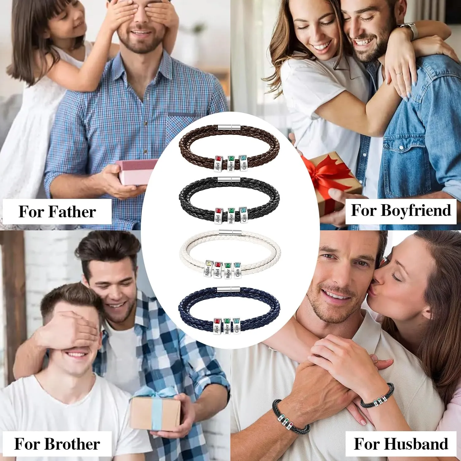 Personalized Father's Day Mens Bracelet Customs Men Leather Bracelet with 1-8 Names Beads, Customized Birthstone Bracelets Gifts Dad Husband Boyfriend