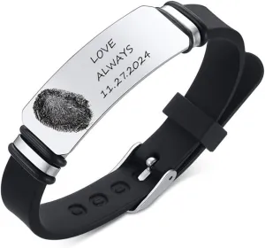 Personalized Fingerprint Bracelet for Men Women,Stainless Steel Adjust Silicone Customized Sympathy Gifts Name Date Thumbprint Engraved ID Bracelets Keepsake Memorial Jewelry,Engraving