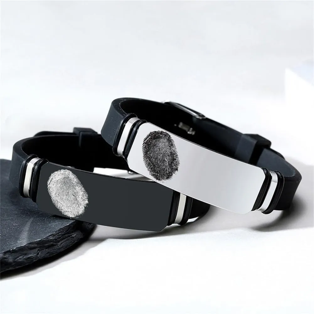 Personalized Fingerprint Bracelet for Men Women,Stainless Steel Adjust Silicone Customized Sympathy Gifts Name Date Thumbprint Engraved ID Bracelets Keepsake Memorial Jewelry,Engraving