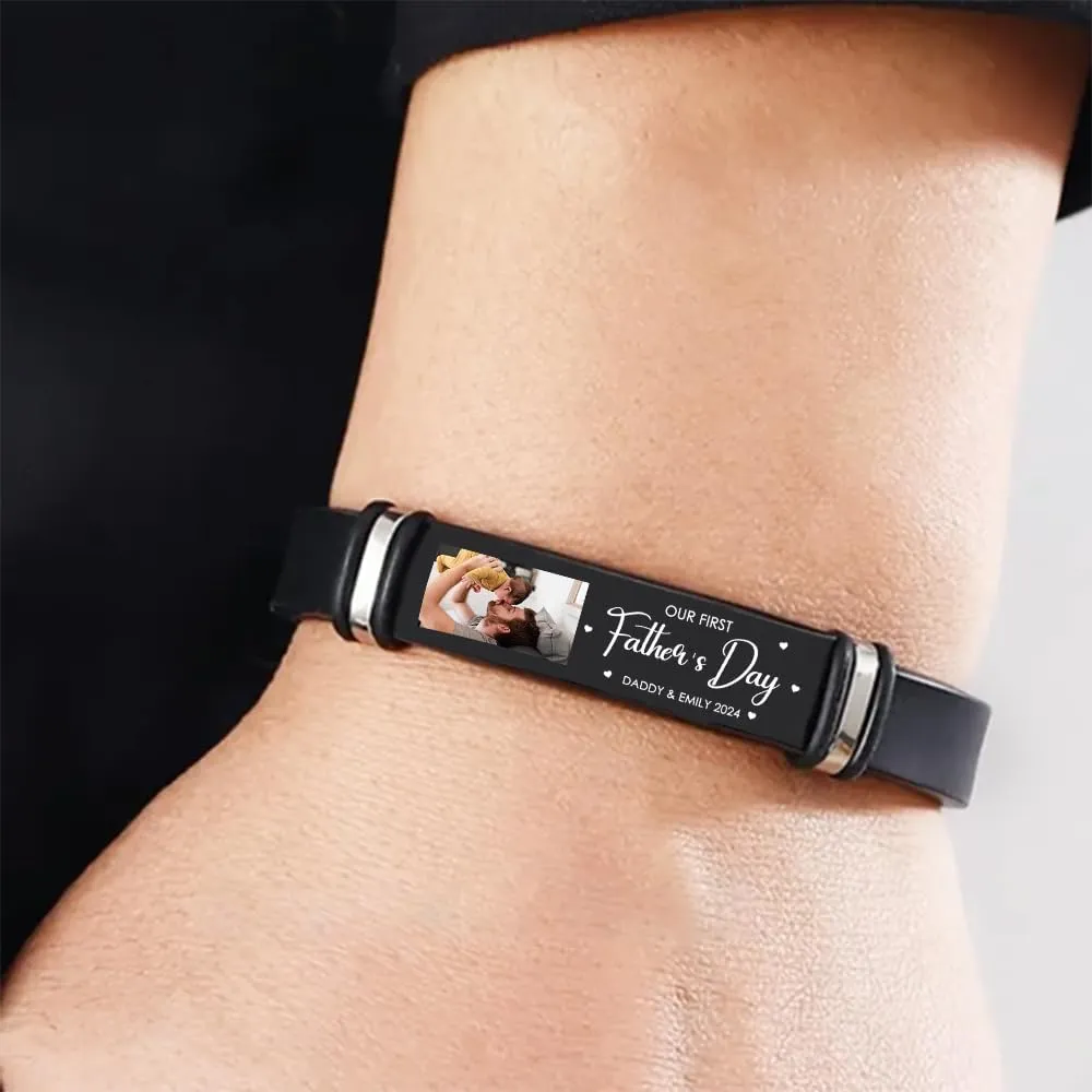 Personalized First Time Father Bracelet - Fathers Day Gift for Men, Custom I Love You Dad Bracelet with Picture, UV-Protective Wristband Silicone Mens Dad Bracelets from Son Birthday Gift