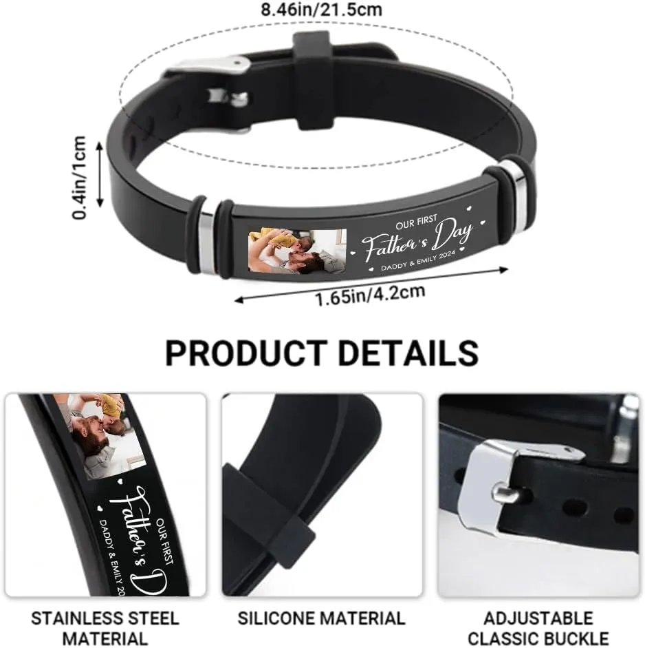 Personalized First Time Father Bracelet - Fathers Day Gift for Men, Custom I Love You Dad Bracelet with Picture, UV-Protective Wristband Silicone Mens Dad Bracelets from Son Birthday Gift