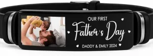 Personalized First Time Father Bracelet - Fathers Day Gift for Men, Custom I Love You Dad Bracelet with Picture, UV-Protective Wristband Silicone Mens Dad Bracelets from Son Birthday Gift