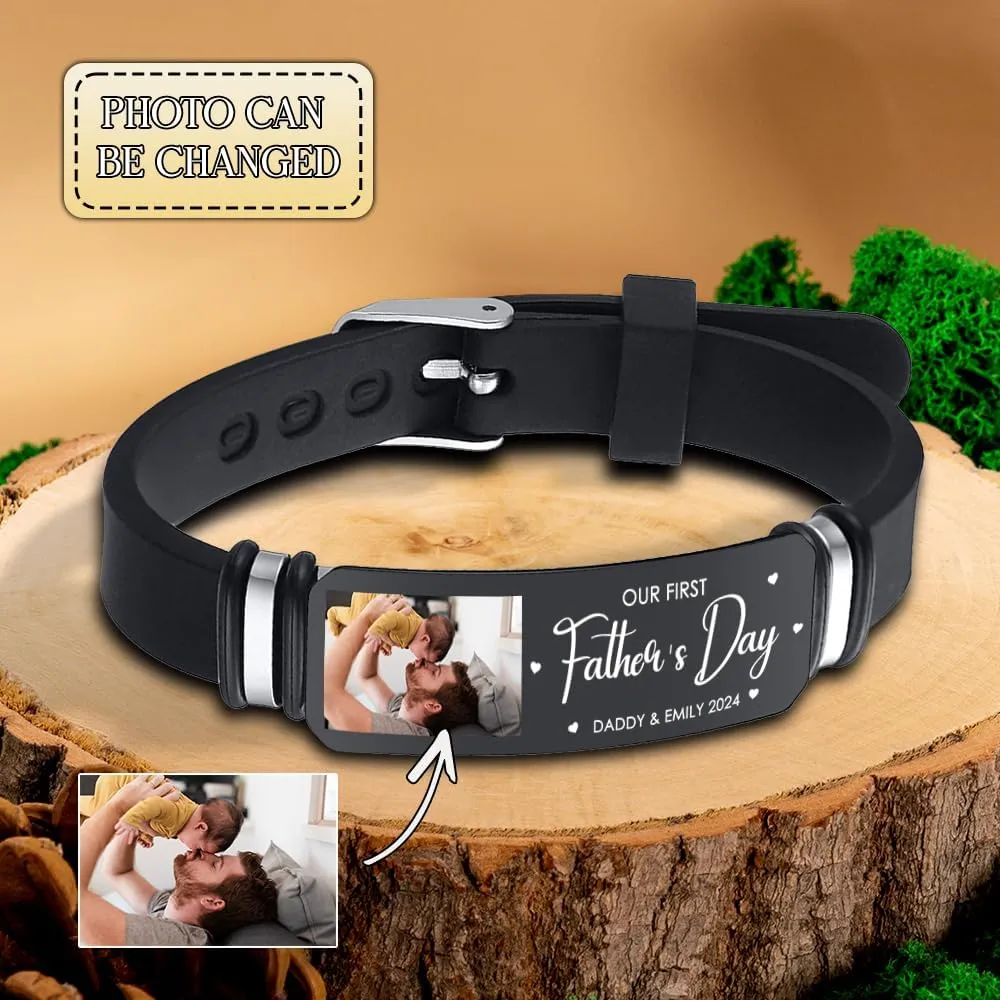 Personalized First Time Father Bracelet - Fathers Day Gift for Men, Custom I Love You Dad Bracelet with Picture, UV-Protective Wristband Silicone Mens Dad Bracelets from Son Birthday Gift