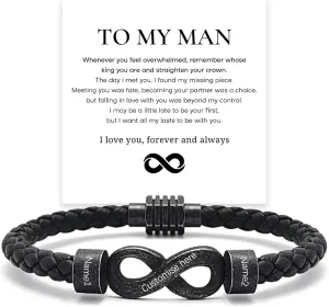 Personalized Infinity Bracelet for Men, Custom 1-6 Name Mens Leather Braided Bracelet, Customized Family Name Bracelet Dad Bracelets, Gifts for Dad Father Husband Son