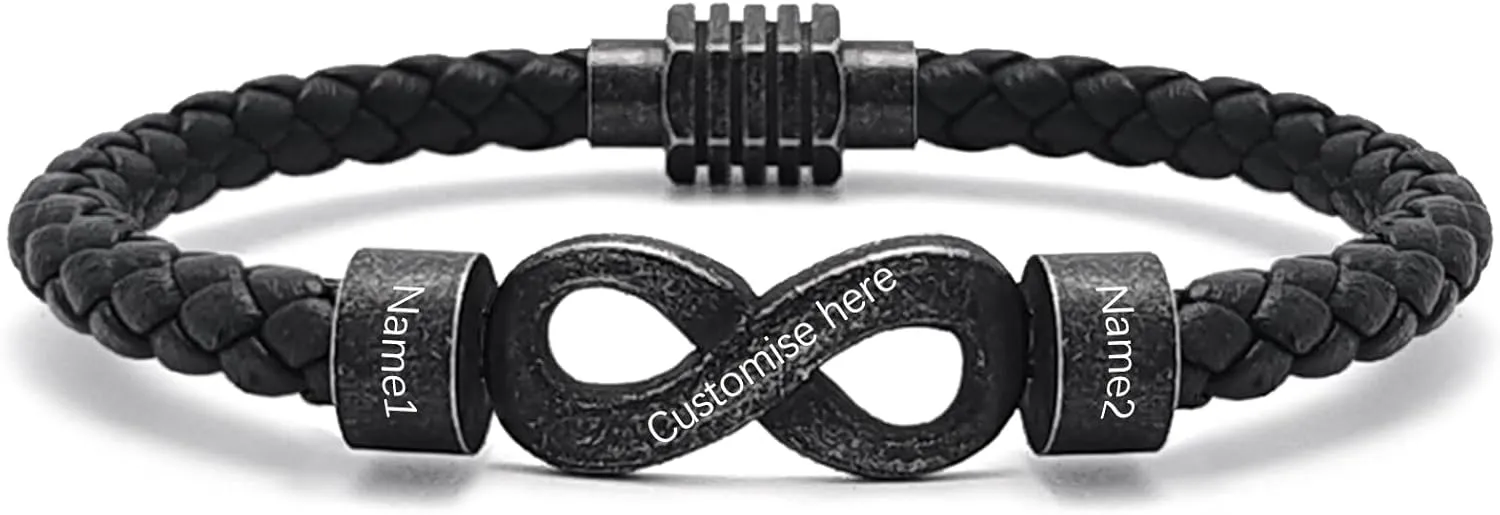 Personalized Infinity Leather Braided Bracelet for Men, Custom 2-6 Name, Engraved Mens Bracelet