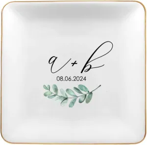 Personalized Initial Jewelry Tray with Eucalyptus Greenery Leaves,Custom Letter Ring Dish Ceramic with Gold Trims,Engagement Ring Trinket Tray,Wedding Anniversary for Couples,Women, style-7