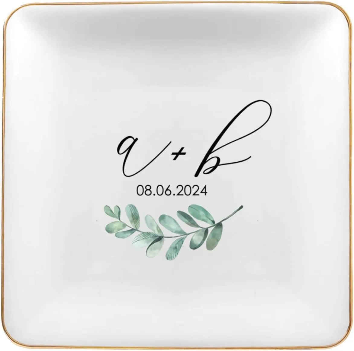 Personalized Initial Jewelry Tray with Eucalyptus Greenery Leaves,Custom Letter Ring Dish Ceramic with Gold Trims,Engagement Ring Trinket Tray,Wedding Anniversary for Couples,Women, style-7