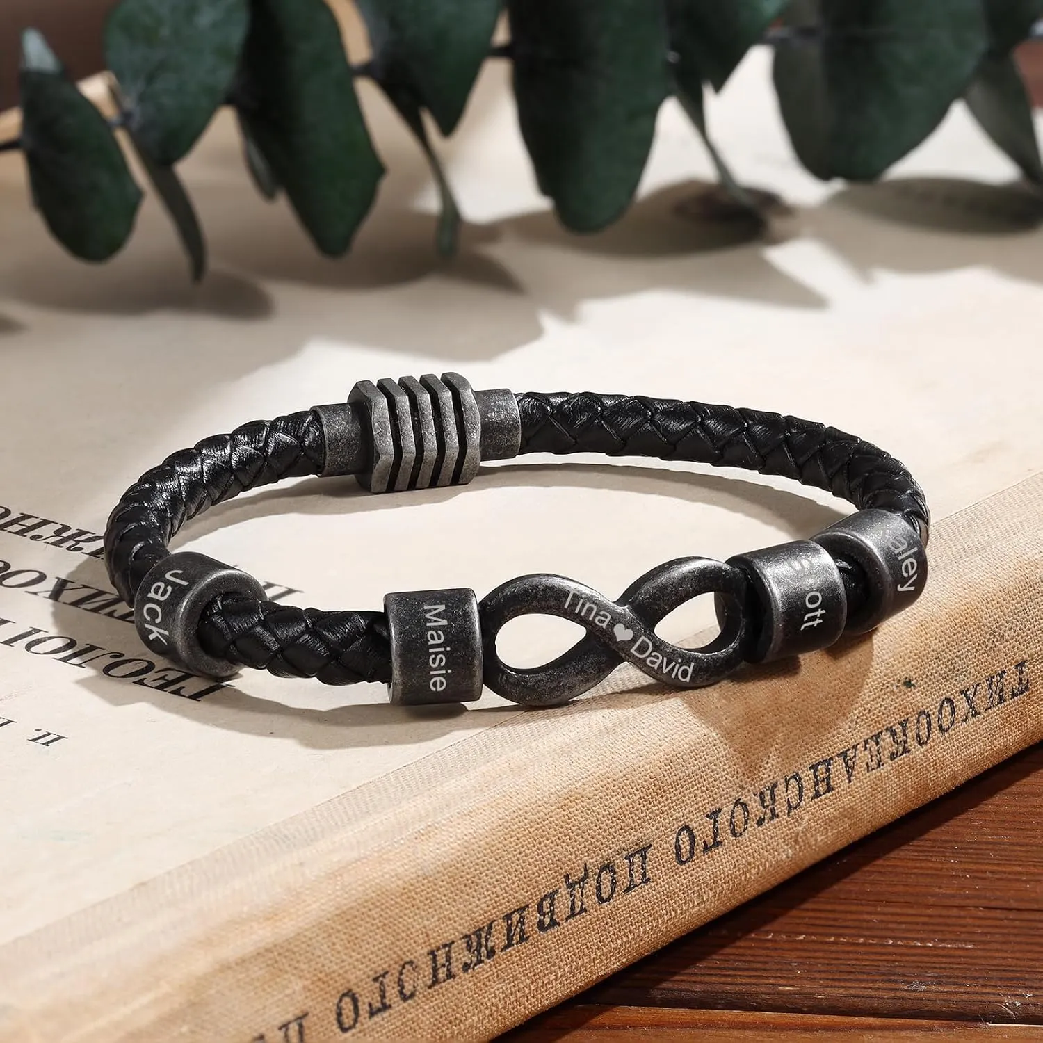 Personalized Leather Bracelet for Men - 1-8 Engraved Name Beads - Braided Men's ID Bracelet Gift for Dad Grandpa Father