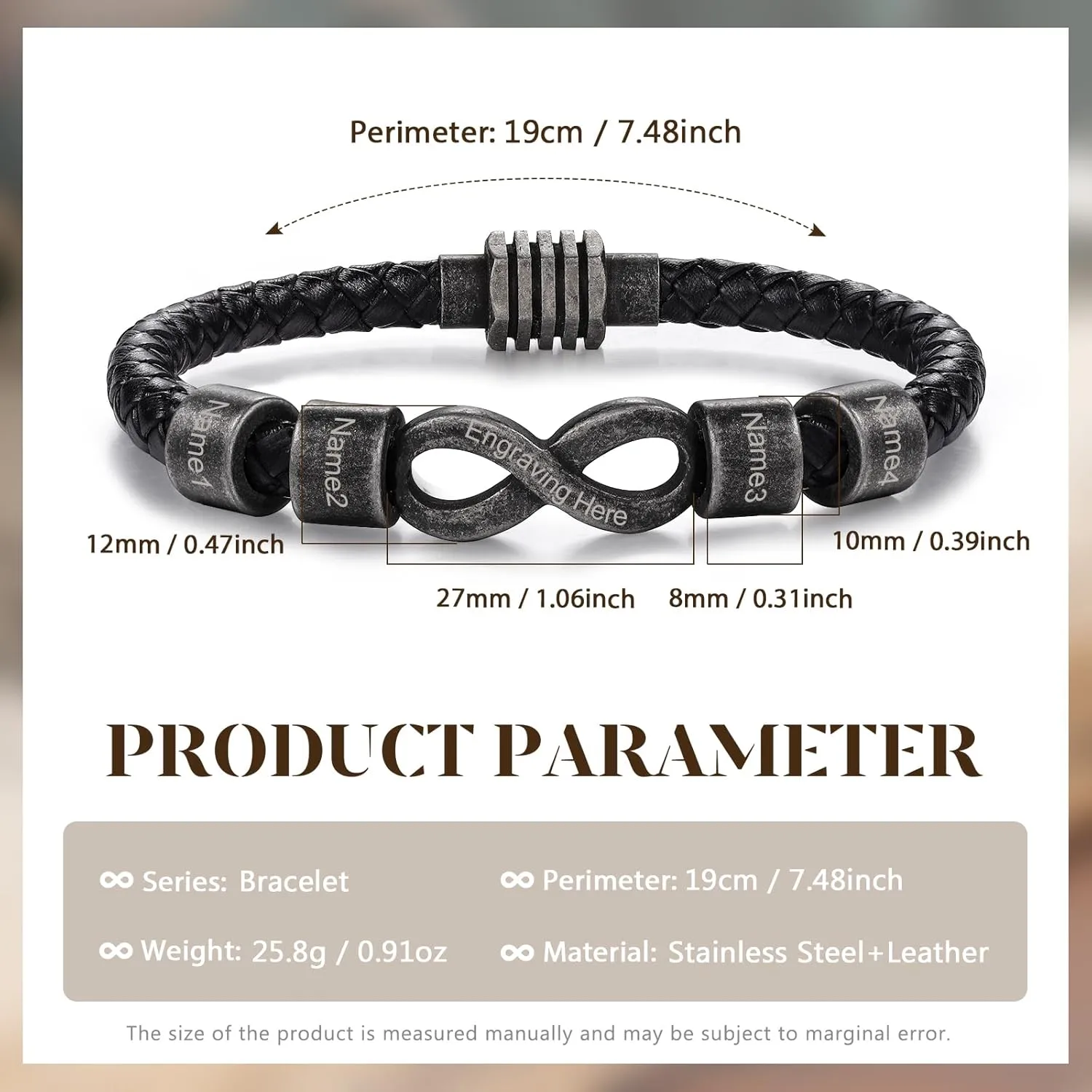 Personalized Leather Bracelet for Men - 1-8 Engraved Name Beads - Braided Men's ID Bracelet Gift for Dad Grandpa Father