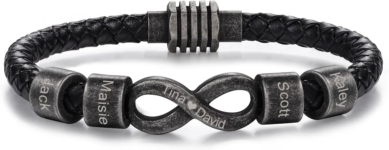 Personalized Leather Bracelet for Men - 1-8 Engraved Name Beads - Braided Men's ID Bracelet Gift for Dad Grandpa Father
