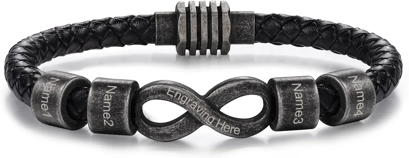 Personalized Leather Bracelet for Men - 1-8 Engraved Name Beads - Braided Men's ID Bracelet Gift for Dad Grandpa Father