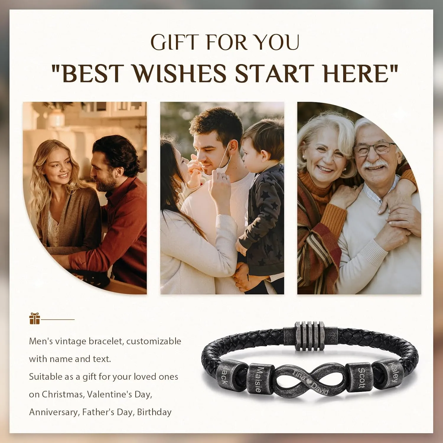 Personalized Leather Bracelet for Men - 1-8 Engraved Name Beads - Braided Men's ID Bracelet Gift for Dad Grandpa Father