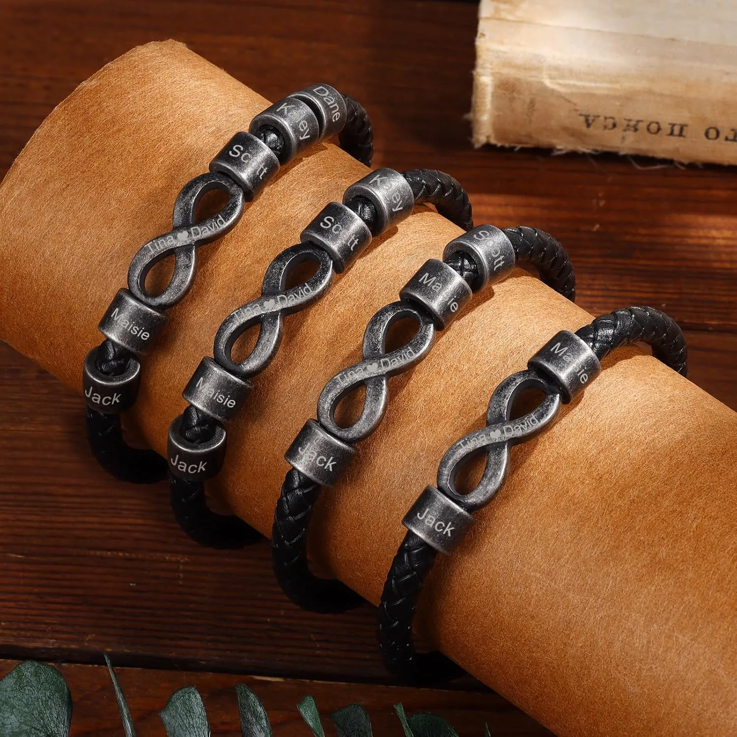 Personalized Leather Bracelet for Men - 1-8 Engraved Name Beads - Braided Men's ID Bracelet Gift for Dad Grandpa Father