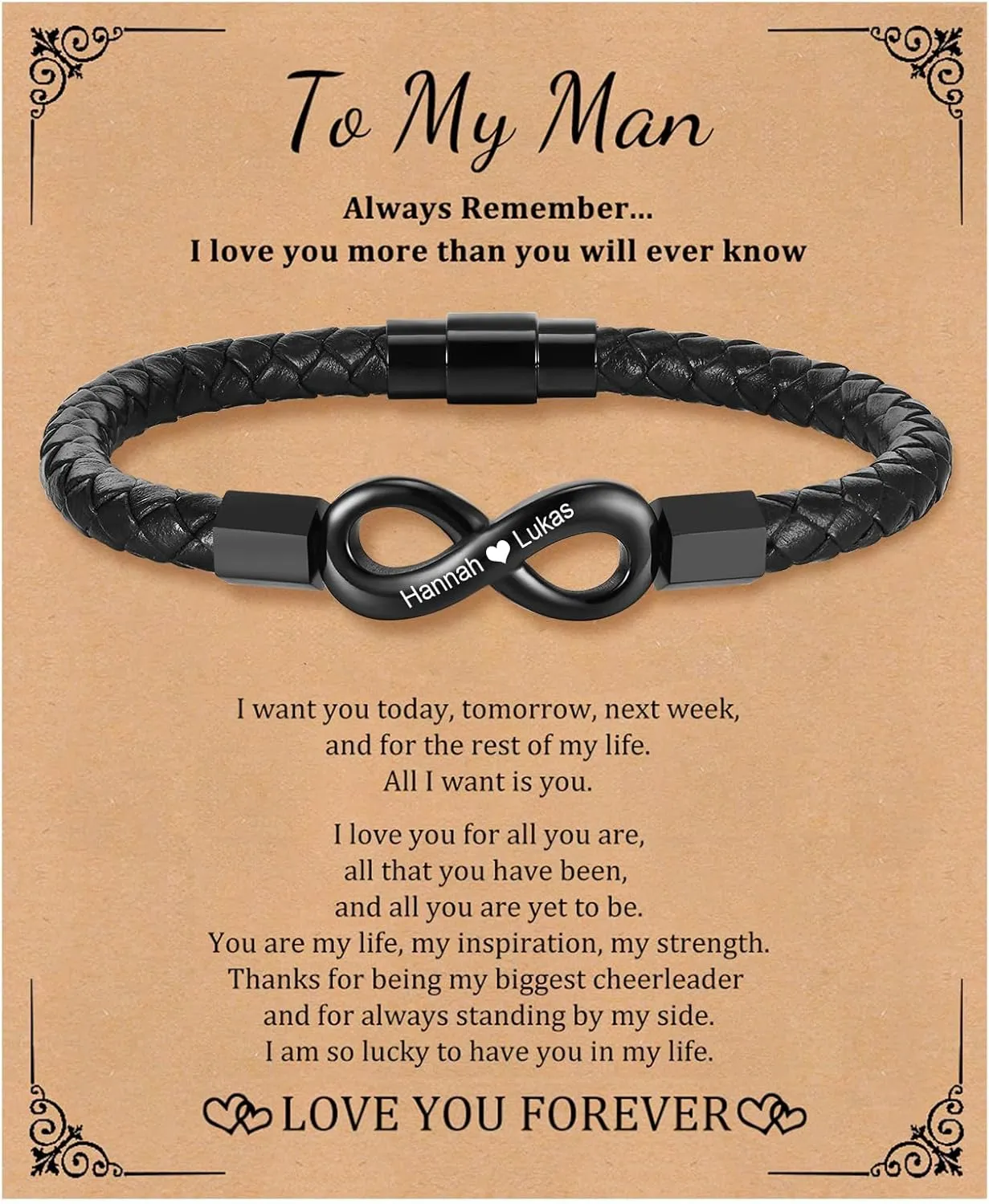 Personalized Leather Bracelet for Men - Custom Name Infinity Bracelets,Hypoallergenic Stainless Steel Braided Engraved ID Wristband,Trendy Black Jewelry to My Man Gifts for Birthday Anniversary