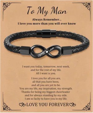 Personalized Leather Bracelet for Men - Custom Name Infinity Bracelets,Hypoallergenic Stainless Steel Braided Engraved ID Wristband,Trendy Black Jewelry to My Man Gifts for Birthday Anniversary