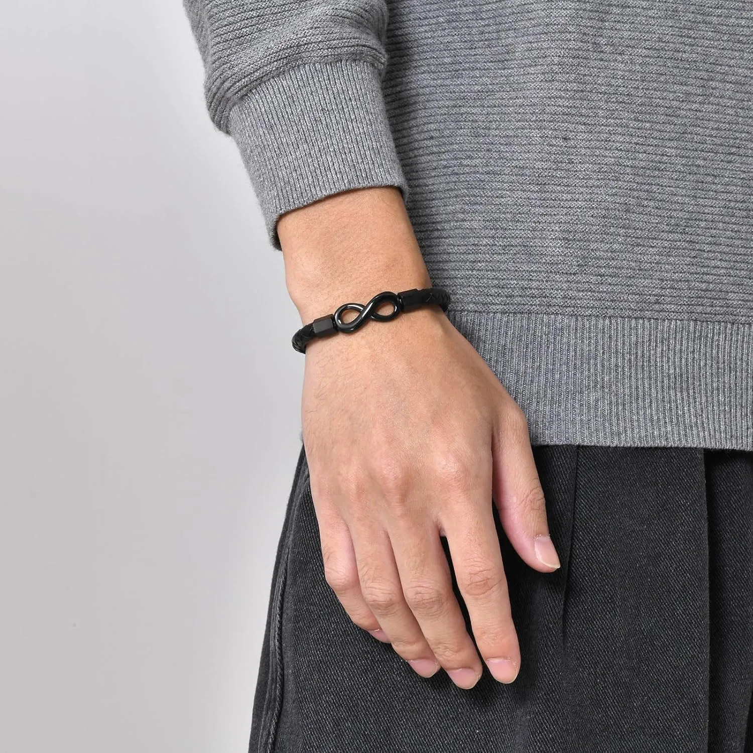 Personalized Leather Bracelet for Men - Custom Name Infinity Bracelets,Hypoallergenic Stainless Steel Braided Engraved ID Wristband,Trendy Black Jewelry to My Man Gifts for Birthday Anniversary