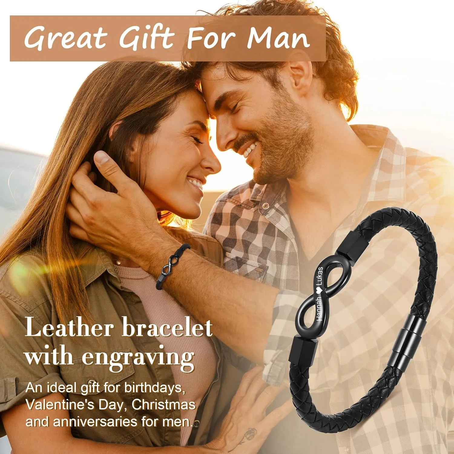 Personalized Leather Bracelet for Men - Custom Name Infinity Bracelets,Hypoallergenic Stainless Steel Braided Engraved ID Wristband,Trendy Black Jewelry to My Man Gifts for Birthday Anniversary