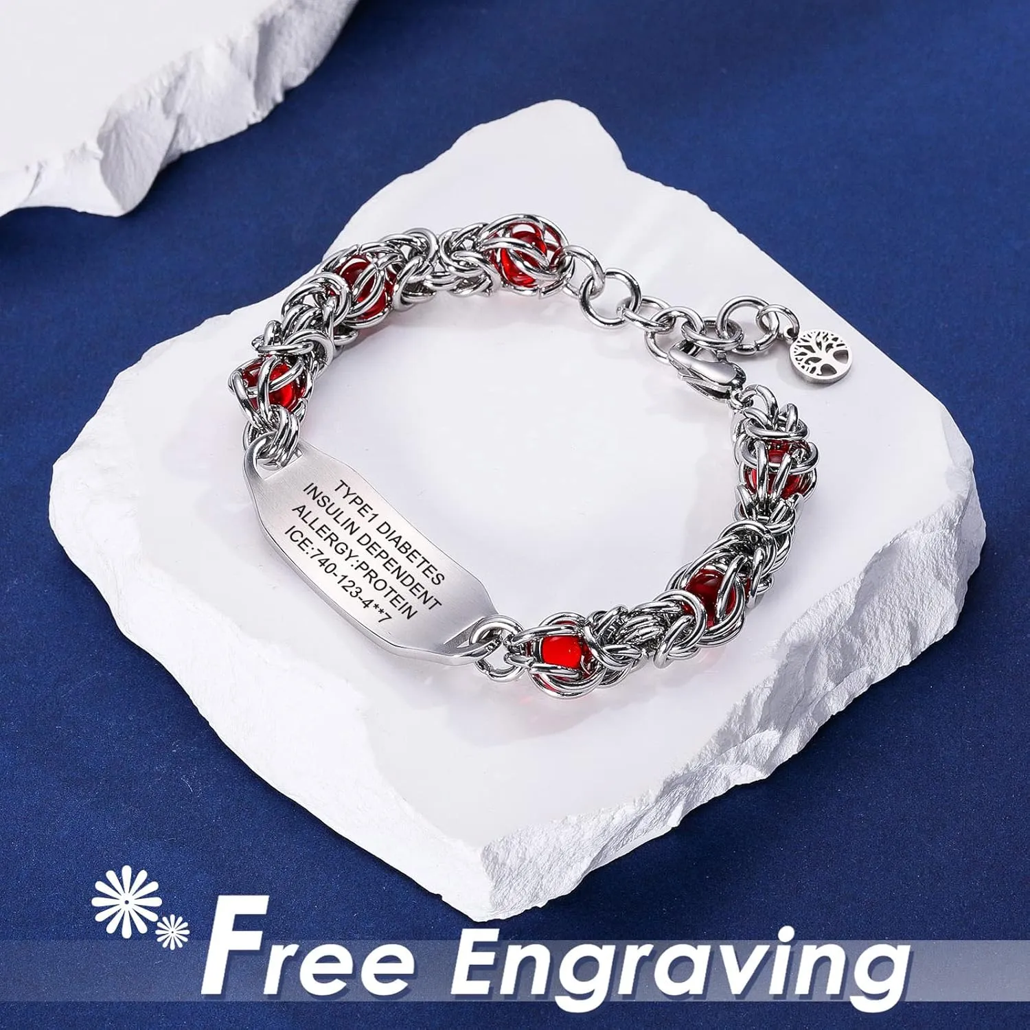 Personalized Medical Alert Bracelets for Women Free Engraving, Medical ID Bracelet for Women Men, Lobster Clasp Stainless Steel Chain Medical Alert Bracelet, Adjustable(6.7-8.2 Inches)