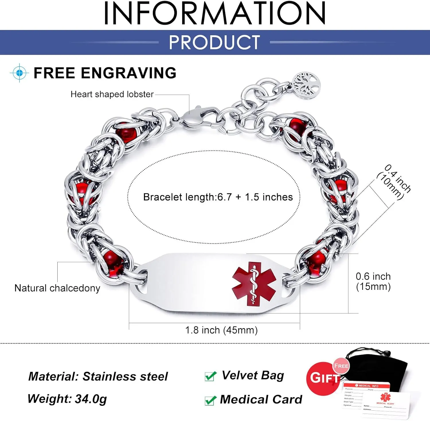 Personalized Medical Alert Bracelets for Women Free Engraving, Medical ID Bracelet for Women Men, Lobster Clasp Stainless Steel Chain Medical Alert Bracelet, Adjustable(6.7-8.2 Inches)