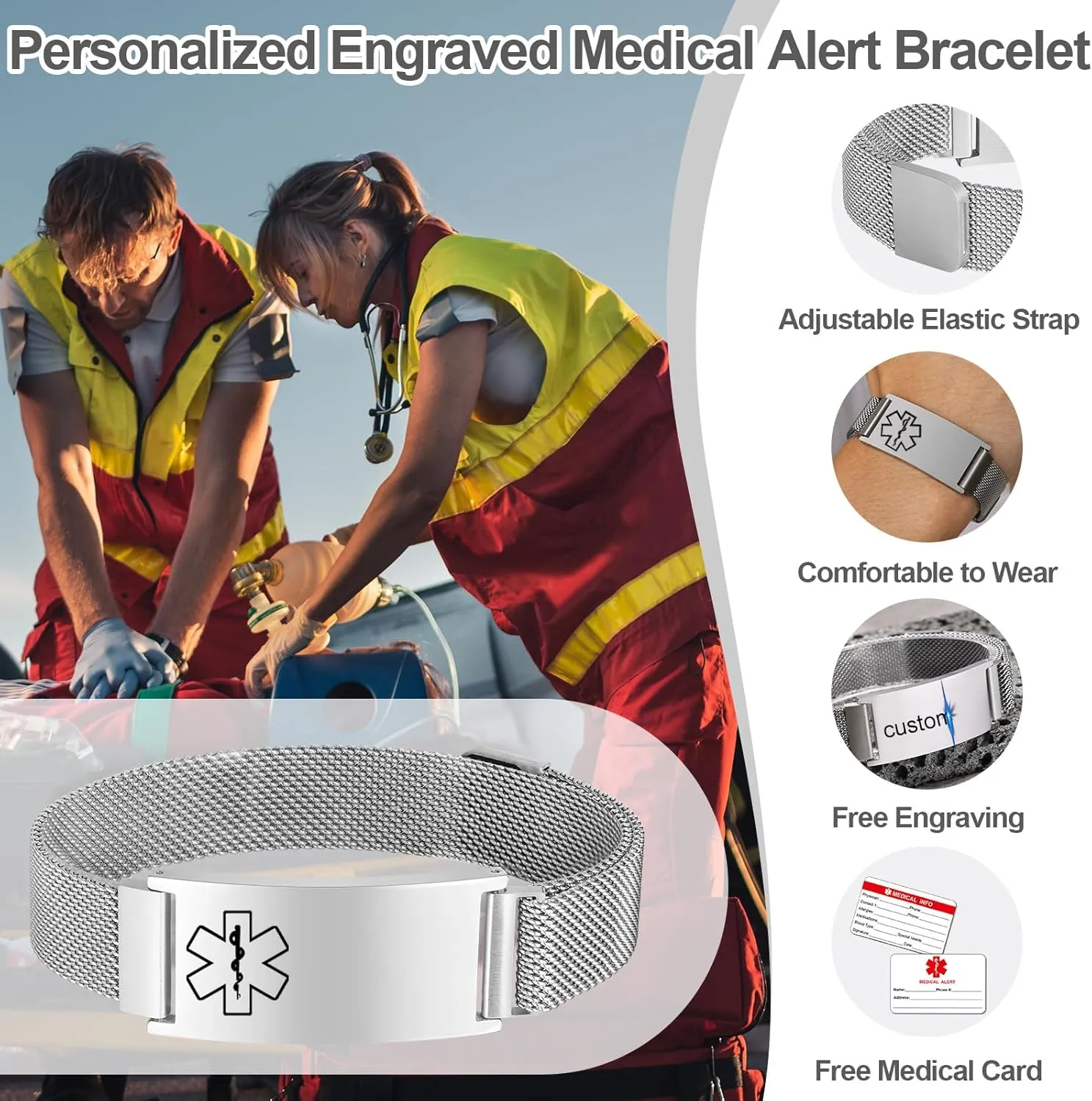 Personalized Medical Bracelet for Women - Free Engraving Customizable Medical ID Bracelets,Waterproof Stainless Steel Adjustable Customized Engraved Wristband,Emergency Medic Alert Bracelet for Men