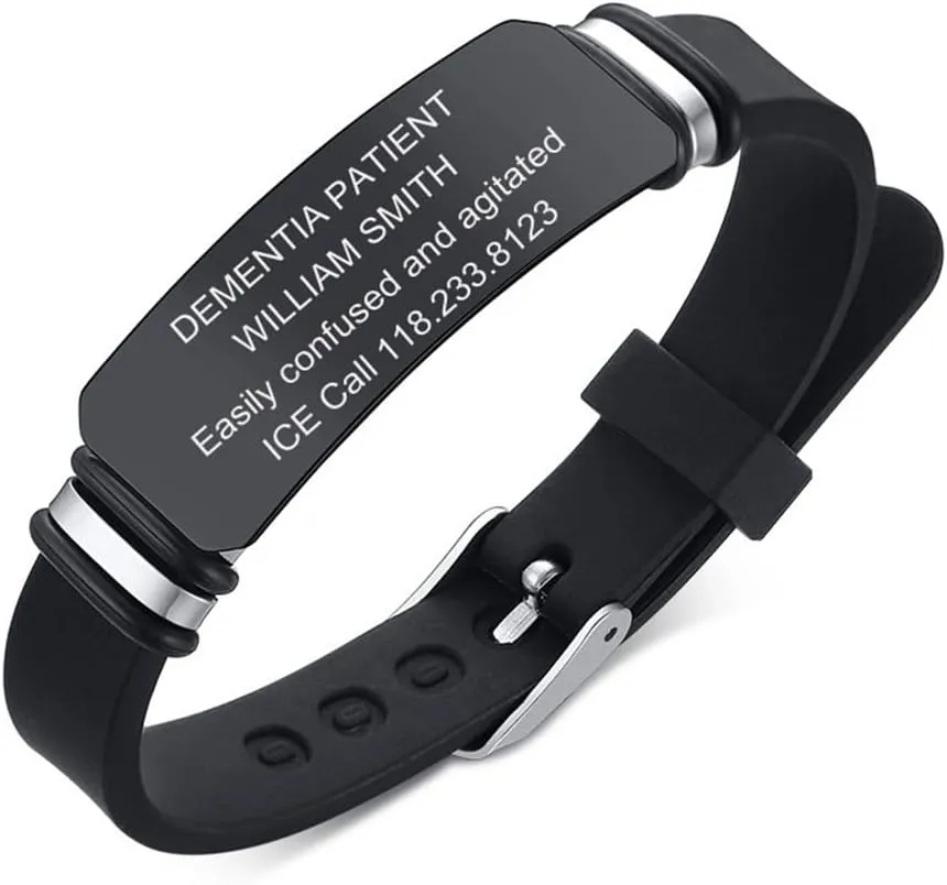 Personalized Medical ID Bracelets for Men Women Laser Engraved Silicone ID Bracelet Adjusted Water-proof Alzheimers Dementia Identification Wristbands for Him & Her