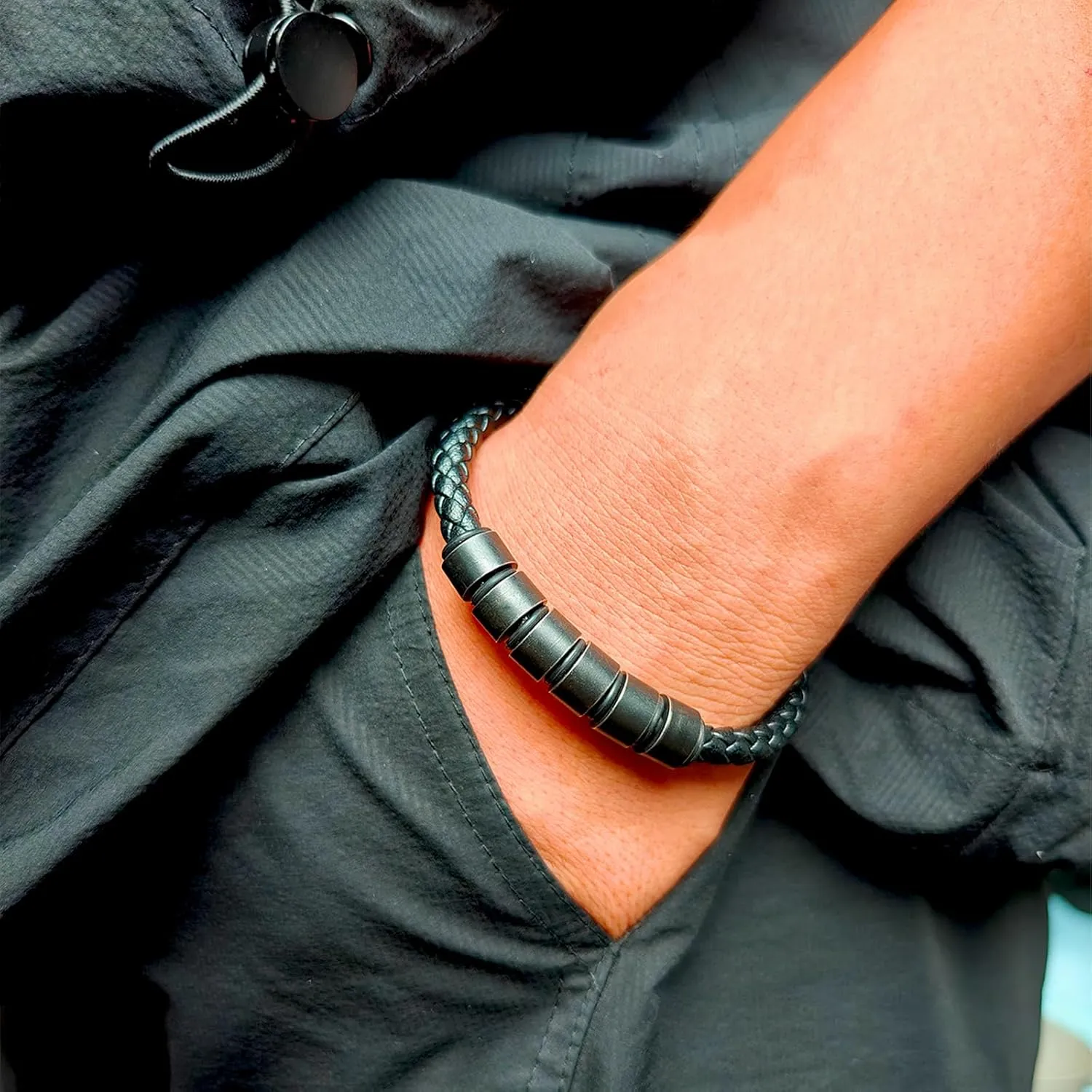 Personalized Men's Bracelet with Custom Name Beads, Customized Braid Leather Bracelet Engraved with Names for Men, Gifts for Father Dad Husband