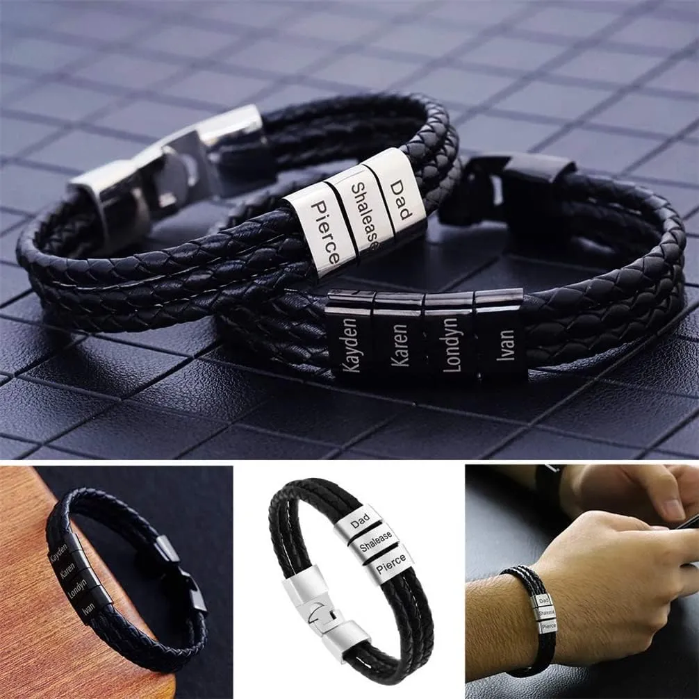 Personalized Mens Bracelets with Names Engraved Dad Bracelet for Men Personalzied Braided Leather Bracelet for Men Custom Fathers Day Bracelet