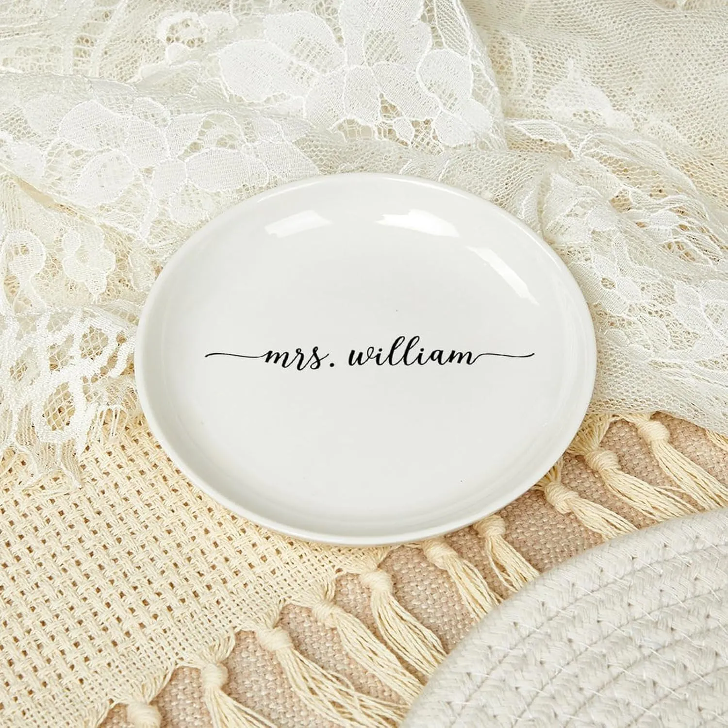 Personalized Mrs Wedding Ring Dish, Custom Last Name Ring Holder, Engagement & Couple Gift, 4" Ceramic Jewelry Tray
